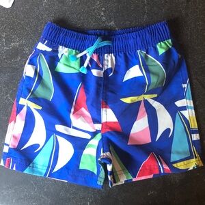 Mini Boden Sailboat Print Swim Shorts - Blue and Red